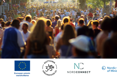 Kuva ihmispaljoudesta, logot EU:n osarahoittama, Kulttuurin unelmavuosi, NordConnect ja Nordic Council of Ministers.